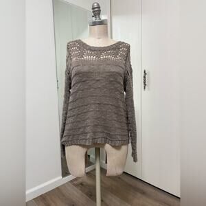 American Rag Taupe Woman's Long Sleeve Knit Top with Crochet Accents Sweater XS